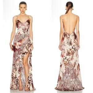 Retrofete Raelynn Silk Ruffle Tiered Vintage Mixed Animal Print Maxi Dress Sz L